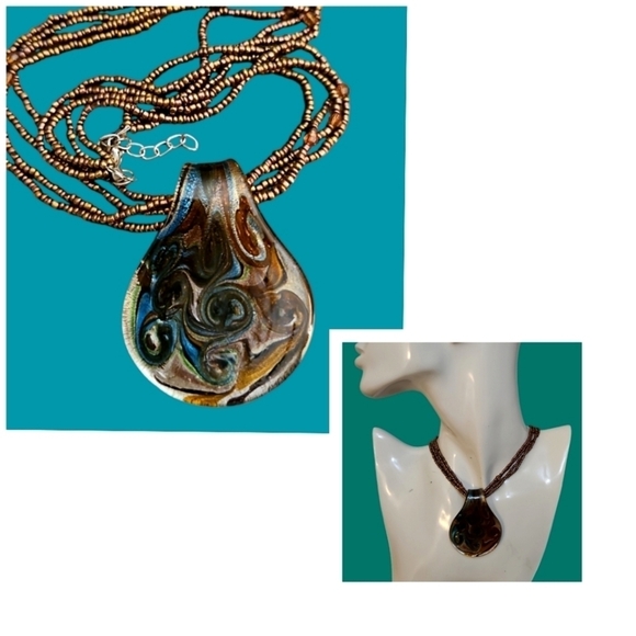 VTG 1990s Dichroic Swirl Glass Pendant Multi-strand Seed Beaded Necklace - Picture 1 of 7